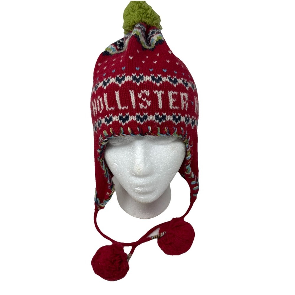 Hollister knit earflap beanie green pom-pom multicolored fair isle pattern Small